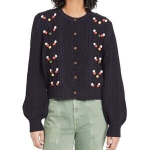 NEW The GREAT. The Frond Cardigan (Sz 3 / L) Pom-Pom Trim Midnight Blue Navy